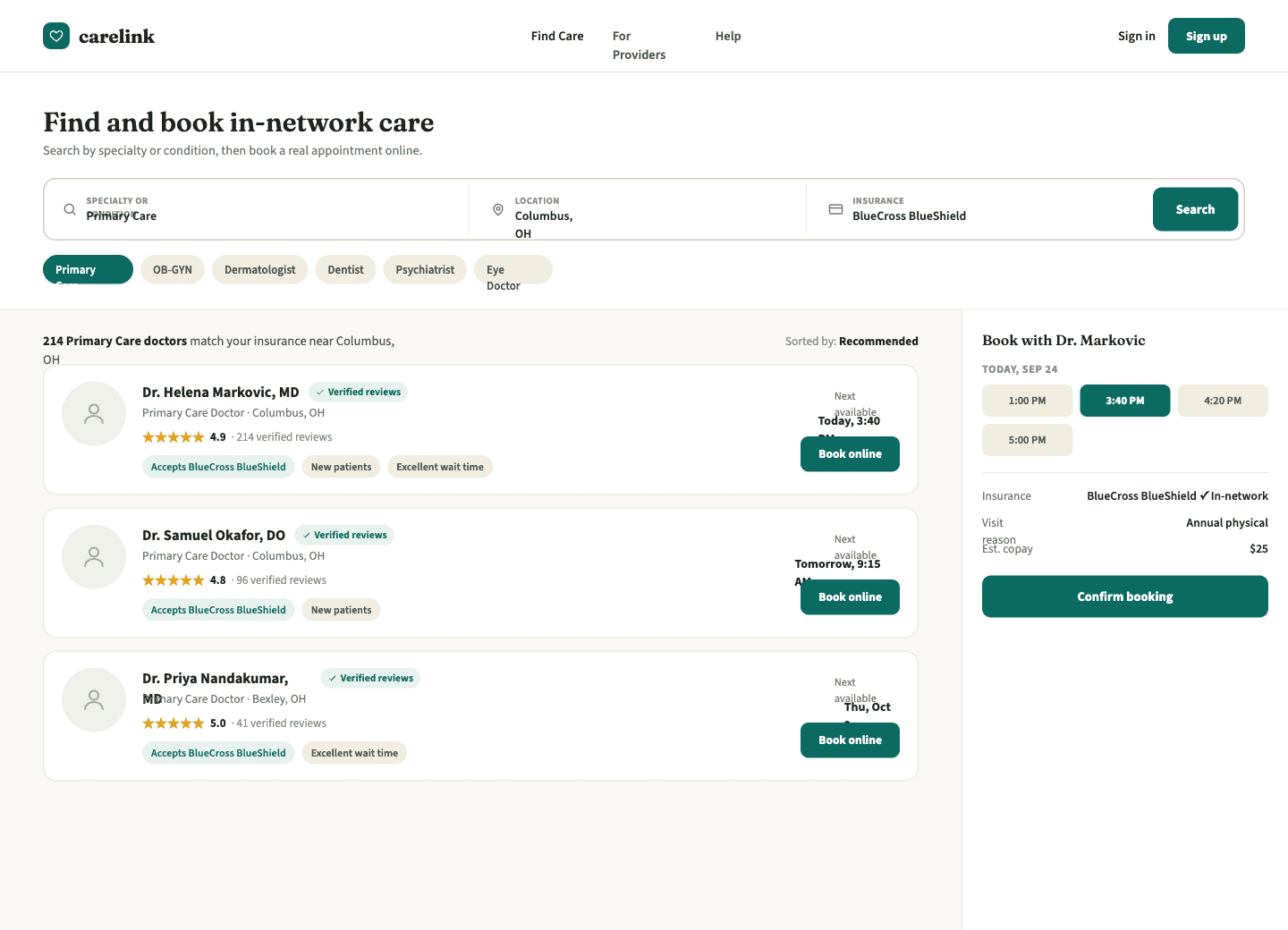 Patient search results for in-network doctors with online booking