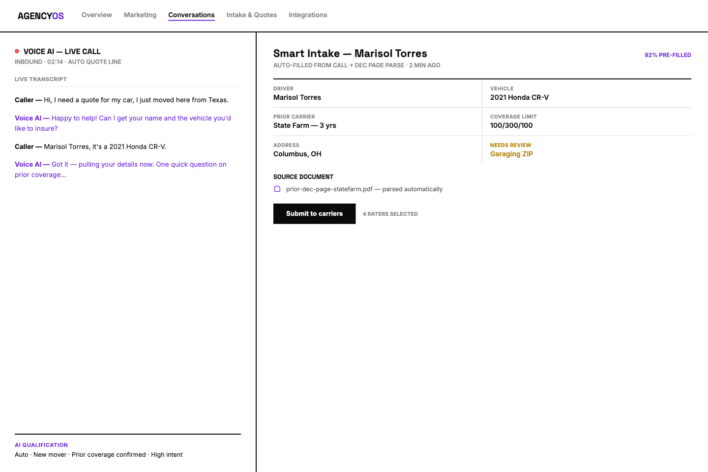 Voice AI live call transcript feeding an auto-filled smart intake form