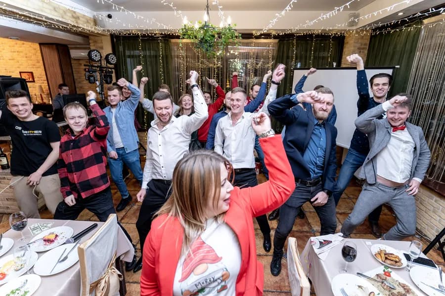 Team dancing at the holiday party